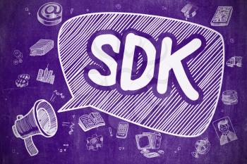 Speech Bubble with Text SDK - Software Development Kit Doodle. Illustration on Purple Chalkboard. Advertising Concept. 