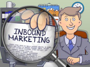 Inbound Marketing. Paper with Inscription in Man's Hand through Magnifying Glass. Multicolor Doodle Style Illustration.