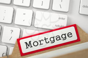Mortgage written on Red Folder Register on Background of Modern Laptop Keyboard. Close Up View. Selective Focus. 3D Rendering.