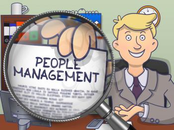 Officeman in Suit Looking at Camera and Holding a Text on Paper People Management Concept through Magnifying Glass. Closeup View. Multicolor Doodle Illustration.