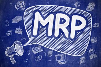 Speech Bubble with Phrase MRP - Materials Requirement Planning Doodle. Illustration on Blue Chalkboard. Advertising Concept. 