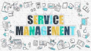 Service Management - Multicolor Concept with Doodle Icons Around on White Brick Wall Background. Modern Illustration with Elements of Doodle Design Style.