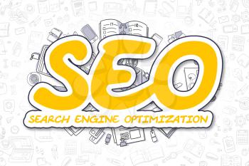 SEO - Search Engine Optimization - Sketch Business Illustration. Yellow Hand Drawn Inscription SEO - Search Engine Optimization Surrounded by Stationery. Cartoon Design Elements. 