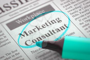 Marketing Consultant. Newspaper with the Jobs Section Vacancy, Circled with a Azure Highlighter. Blurred Image with Selective focus. Job Seeking Concept. 3D Rendering.