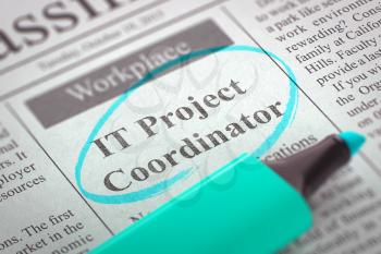 IT Project Coordinator - Jobs in Newspaper, Circled with a Azure Highlighter. Blurred Image with Selective focus. Concept of Recruitment. 3D.