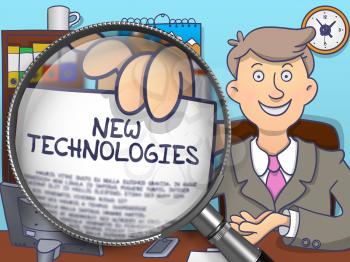 Businessman Showing a Paper with Inscription New Technologies. Closeup View through Magnifier. Multicolor Modern Line Illustration in Doodle Style.