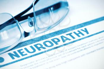 Diagnosis - Neuropathy. Medicine Concept on Blue Background with Blurred Text and Glasses. Selective Focus. 3D Rendering.