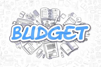 Blue Inscription - Budget. Business Concept with Doodle Icons. Budget - Hand Drawn Illustration for Web Banners and Printed Materials. 
