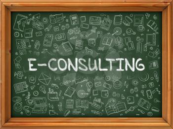E-Consulting Concept. Modern Line Style Illustration. E-Consulting Handwritten on Green Chalkboard with Doodle Icons Around. Doodle Design Style of E-Consulting Concept.