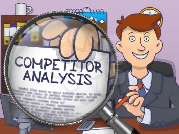 Competitor Analysis on Paper in Officeman's Hand to Illustrate a Business Concept. Closeup View through Magnifier. Colored Modern Line Illustration in Doodle Style.
