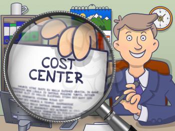 Officeman Showing a Paper with Inscription Cost Center. Closeup View through Magnifying Glass. Multicolor Modern Line Illustration in Doodle Style.