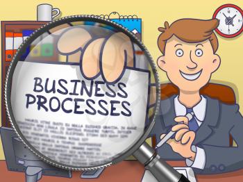 Business Processes on Paper in Officeman's Hand to Illustrate a Business Concept. Closeup View through Lens. Multicolor Modern Line Illustration in Doodle Style.
