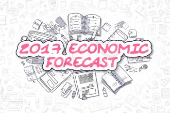 2017 Economic Forecast - Sketch Business Illustration. Magenta Hand Drawn Text 2017 Economic Forecast Surrounded by Stationery. Doodle Design Elements. 