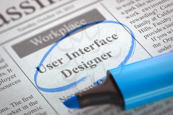 Newspaper with Job Vacancy User Interface Designer. Blurred Image. Selective focus. Job Search Concept. 3D Rendering.