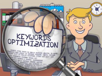 Keywords Optimization through Magnifying Glass. Business Man Showing Text on Paper. Closeup View. Multicolor Doodle Style Illustration.