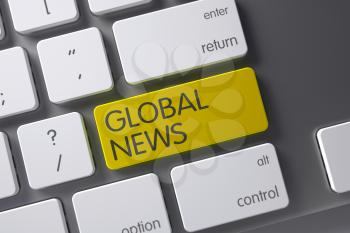 Global News Concept: Slim Aluminum Keyboard with Global News, Selected Focus on Yellow Enter Keypad. 3D.