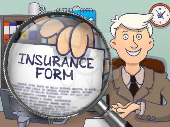Insurance Form on Paper in Mans Hand through Magnifier to Illustrate a Business Concept. Colored Doodle Style Illustration.