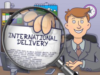 International Delivery. Successful Businessman Sitting in Offiice and Showing Paper with Inscription through Magnifying Glass. Multicolor Modern Line Illustration in Doodle Style.