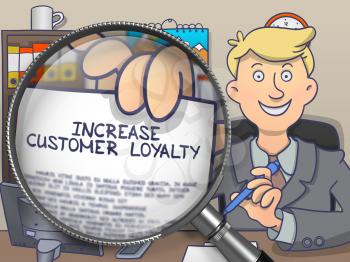 Increase Customer Loyalty on Paper in Business Man's Hand through Lens to Illustrate a Business Concept. Multicolor Modern Line Illustration in Doodle Style.