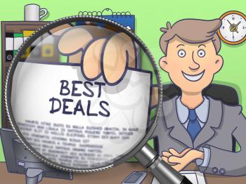 Best Deals. Businessman Showing a Paper with Concept through Magnifying Glass. Colored Doodle Illustration.