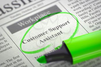 Customer Support Assistant - Job Vacancy in Newspaper, Circled with a Green Marker. Blurred Image with Selective focus. Hiring Concept. 3D Render.