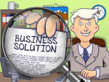 Business Solution. Officeman in Office Holding a through Magnifier Concept on Paper. Colored Modern Line Illustration in Doodle Style.