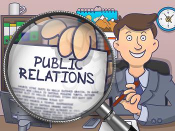 Public Relations. Text on Paper in Man's Hand through Lens. Colored Doodle Style Illustration.