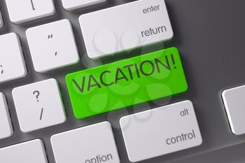 Vacation Concept: Modern Laptop Keyboard with Vacation, Selected Focus on Green Enter Key. 3D Render.