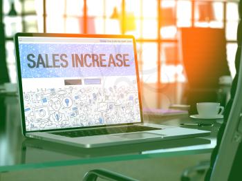 Sales Increase Concept. Closeup Landing Page on Laptop Screen in Doodle Design Style. On Background of Comfortable Working Place in Modern Office. Blurred, Toned Image. 3D Render.