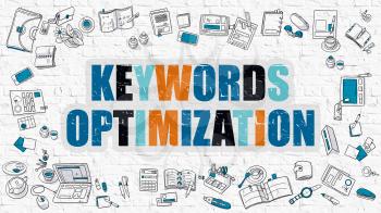 Keywords Optimization Concept. Keywords Optimization Drawn on White Wall. Keywords Optimization in Multicolor. Doodle Design Style of Keywords Optimization. Line Style Illustration. White Brick Wall.