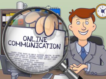 Online Communication. Officeman Sitting in Offiice and Holding a through Lens Paper with Text. Multicolor Modern Line Illustration in Doodle Style.