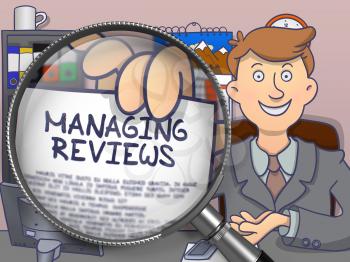 Managing Reviews. Officeman Shows Concept on Paper through Lens. Colored Doodle Style Illustration.