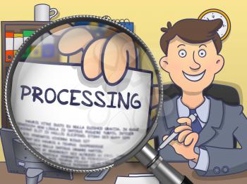 Processing on Paper in Man's Hand through Magnifying Glass to Illustrate a Business Concept. Colored Doodle Illustration.