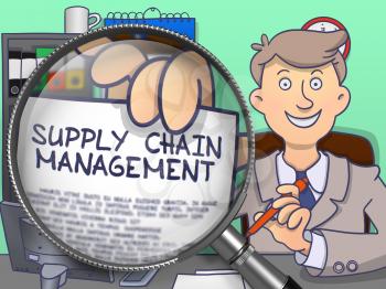 Officeman in Office Workplace Showing a Paper with Inscription Supply Chain Management. Closeup View through Lens. Multicolor Doodle Illustration.