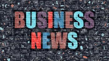 Business News. Multicolor Inscription on Dark Brick Wall with Doodle Icons. Business News Concept in Modern Style. Doodle Design Icons. Business News on Dark Brickwall Background.