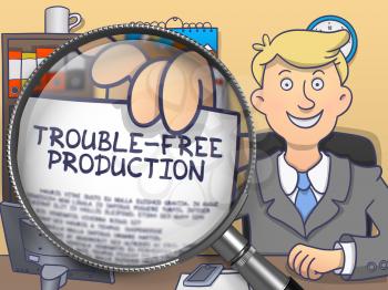Trouble-Free Production. Man in Office Shows through Magnifier Paper with Concept. Colored Modern Line Illustration in Doodle Style.