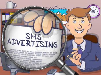 SMS Advertising. Officeman Showing a Concept on Paper through Lens. Multicolor Doodle Illustration.