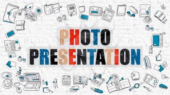 Photo Presentation Concept. Modern Line Style Illustration. Multicolor Photo Presentation Drawn on White Brick Wall. Doodle Icons. Doodle Design Style of Photo Presentation Concept.