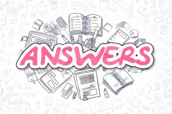 Answers Doodle Illustration of Magenta Inscription and Stationery Surrounded by Cartoon Icons. Business Concept for Web Banners and Printed Materials. 