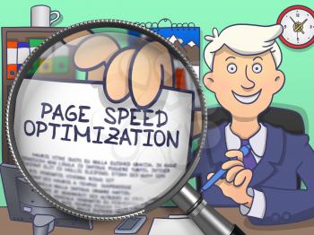 Officeman Sitting in Offiice and Holding a Paper with Text Page Speed Optimization. Closeup View through Lens. Multicolor Doodle Illustration.