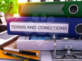 Terms and Conditions - Blue Office Folder on Background of Working Table with Stationery and Laptop. Terms and Conditions Business Concept on Blurred Background. Terms and Conditions Toned Image. 3D.