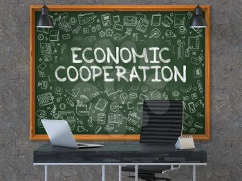 Green Chalkboard with the Text Economic Cooperation Hangs on the Dark Old Concrete Wall in the Interior of a Modern Office. Illustration with Doodle Style Elements. 3D.