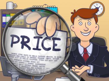 Officeman in Suit Looking at Camera and Showing a Paper with Inscription Price Concept through Magnifying Glass. Closeup View. Colored Modern Line Illustration in Doodle Style.