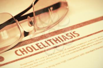Cholelithiasis - Medical Concept with Blurred Text and Specs on Red Background. Selective Focus. 3D Rendering.