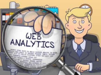 Web Analytics on Paper in Man's Hand through Magnifying Glass to Illustrate a Business Concept. Colored Doodle Style Illustration.