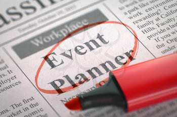 Event Planner - Small Advertising in Newspaper, Circled with a Red Highlighter. Blurred Image. Selective focus. Job Search Concept. 3D Render.