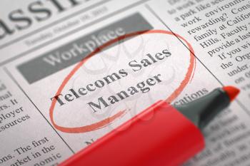 Telecoms Sales Manager - Classified Advertisement of Hiring in Newspaper, Circled with a Red Highlighter. Blurred Image. Selective focus. Job Search Concept. 3D Render.