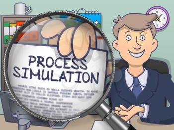 Businessman Sitting in Offiice and Shows Paper with Concept Process Simulation. Closeup View through Magnifier. Colored Modern Line Illustration in Doodle Style.