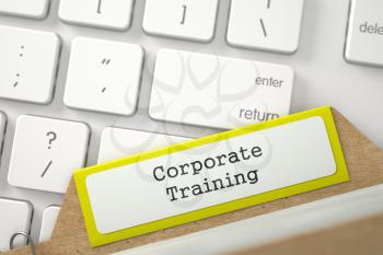 Corporate Training written on Yellow File Card on Background of Modern Metallic Keyboard. Closeup View. Blurred Illustration. 3D Rendering.