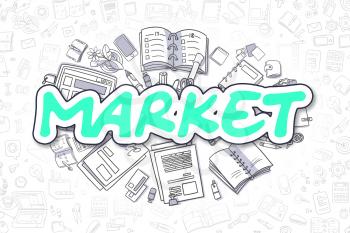 Business Illustration of Market. Doodle Green Inscription Hand Drawn Cartoon Design Elements. Market Concept. 